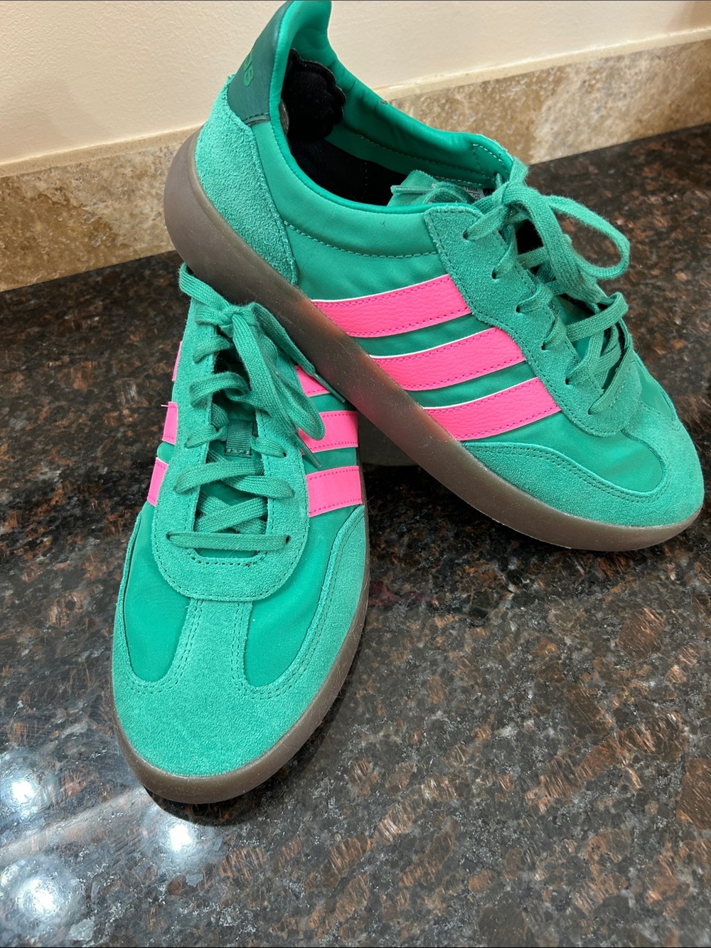 adidas Women’s green Sneakers with Pink Stripes